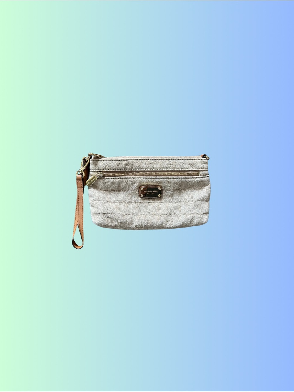 Michael Kors Neutral Cream Canvas Wristlet with Tan Strap